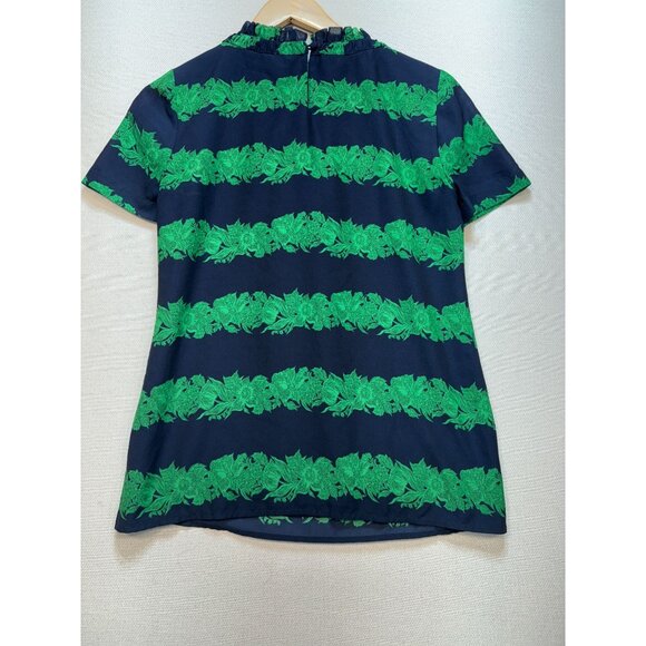 J.Crew Silk Ruffle Blouse Top in Beanstalk Stripe Womens Size 0 Navy Green Retro - Picture 9 of 11